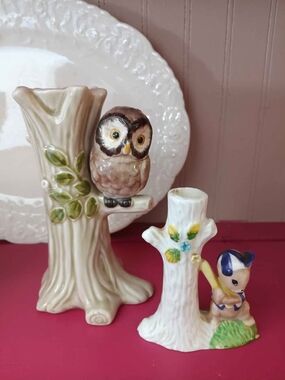 Two Vintage Tree Bud Vases Owl And Squirrel